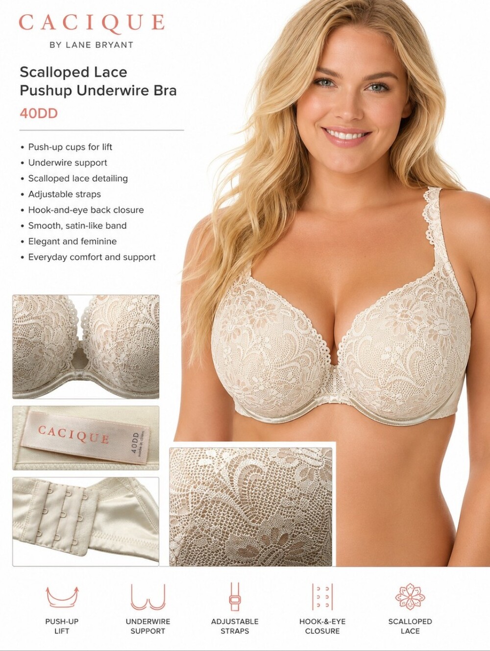 CACIQUE by Lane Bryant Ivory Scalloped Lace Underwire Bra Size 40DD